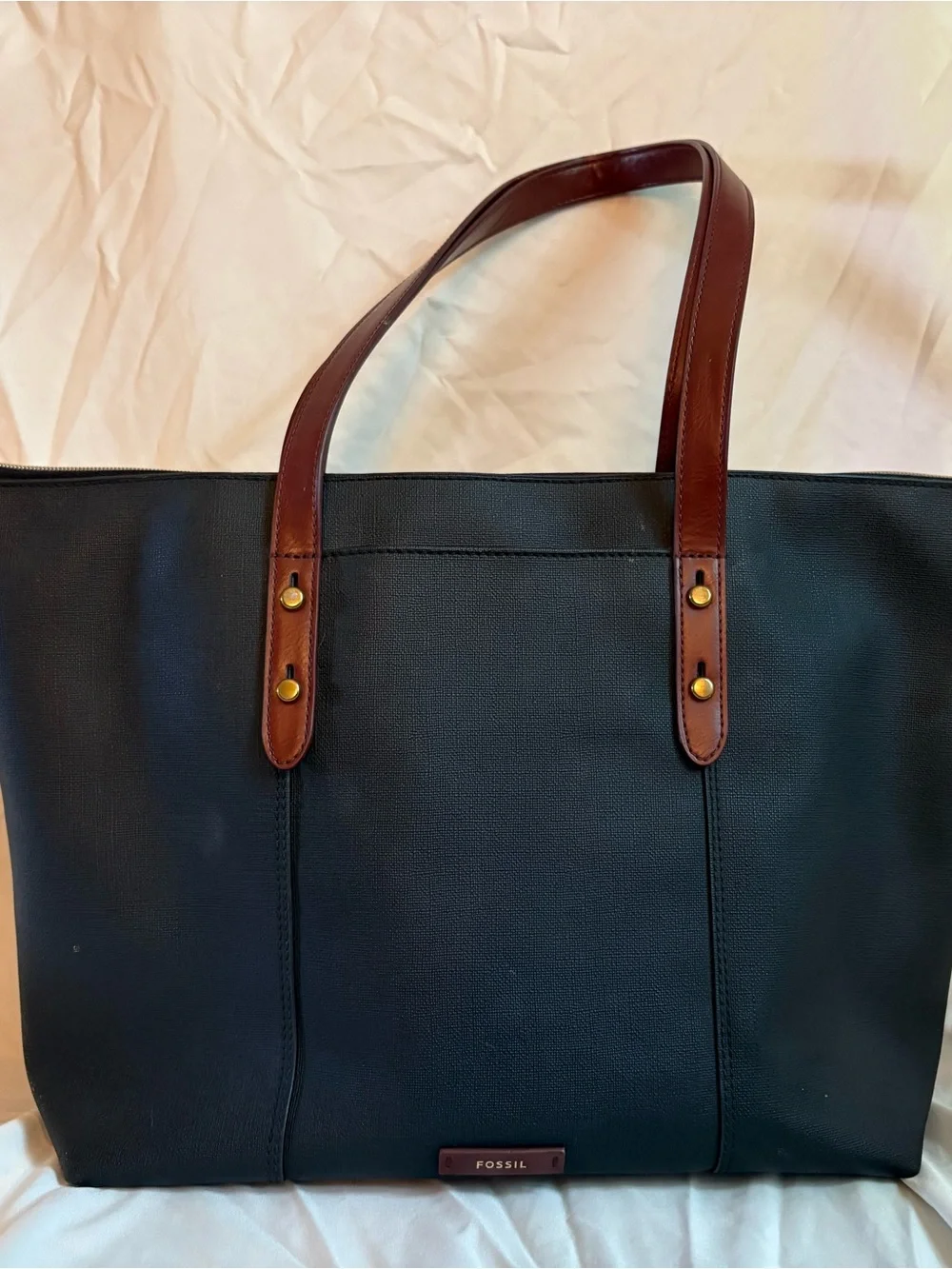 Fossil Black Tote with Brown Leather Straps
